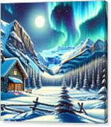 A Snowy Scene Of A Log Cabin In The Canadian Rockies, With Northern Lights Dancing In The Sky. Canvas Print