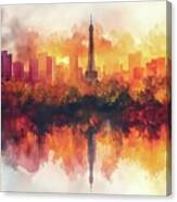 A Watercolor Painting Depicting The Skyline Of Paris, France, With A Lake Positioned In Front Of It. Canvas Print