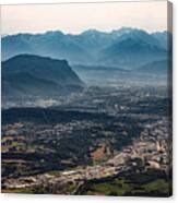 Aerial View On The French City Of Chambery And Its Surroundings At Dusk With Mist Between The Alps Mountains Canvas Print