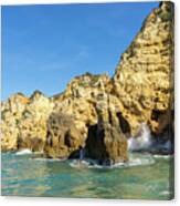 Algarve Gold Coast Sail - Breaking Waves Jewel Toned Ocean And Tall Cliffs In Lagos Portugal Canvas Print