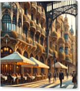 An Art Nouveau Streetscape In Barcelona, With Intricate Facades And Street Cafes Canvas Print