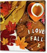 Autumn Fall Theme Flatlay With Cozy Sweater, Bagels And Cups Of Herbal Tea. Canvas Print