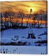 Awaiting Warmer Breezes - A Lonely Windmill In Front Of Glorious Sunset With Geese In Flight Canvas Print