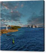 Bahamas Lighthouse And Cruise Ships At Dusk Canvas Print