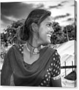 Beautiful Young Indian Smile - Street Girl Portrait Black And White Canvas Print