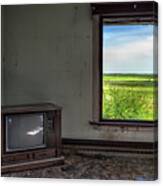 Black And White Tv, Color Window - View Of Nd Prairie From Within Living Room Of Abandoned Farm Home Canvas Print