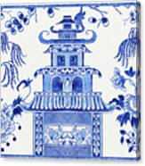 Blue And White Chinoiserie Chinese Pagoda Temple Peony Floral Willow Tree Canvas Print
