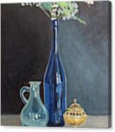 Blue Glass Wine Bottle With Flowers Water Jug And Censer Still Life Canvas Print