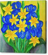 Blue Irises And Yellow Daffodiles Canvas Print
