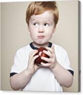 Boy, 3 Years Old, Holding An Apple. Canvas Print