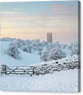 Broadway Tower In The Snow And Fog At Sunrise Canvas Print