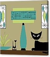 Cat On Tabletop With Lamp In Teal Canvas Print