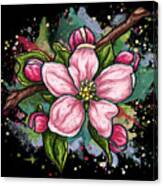 Cherry Blossom Painting On Black Background, Pink Flower Art Canvas Print