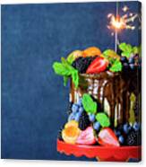 Chocolate Drip Cake Decorated With Fresh Fruit And Berries With Copy Space. Canvas Print
