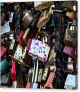 Colorful Love Padlocks Attached On Iron Fence Canvas Print