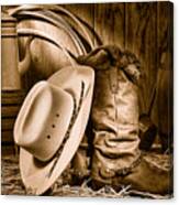 Cowboy Gear In Barn - Sepia Canvas Print