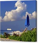 Cozumel Cruise Blues - Cruise Ship Off The Beach Of Cozumel Mexico With Blue Beach Umbrellas Canvas Print
