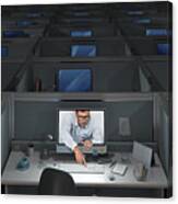 Dark Office, One Computer On, Man Touches Keyboard Canvas Print