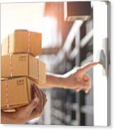 Delivery Man Holding Parcel Boxes And Ring The Doorbell On The Client's Door In The Morning Background. Canvas Print