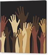 Diverse Sets Of Hands Reaching Up On Black Background Canvas Print