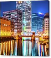 Downtown Milwaukee River Cityscape At Night Photo Canvas Print