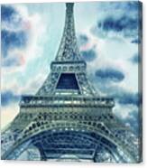Eiffel Tower In Teal Blue Watercolor French Chic Decor Canvas Print