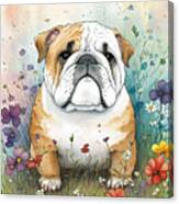 English Bulldog In Flower Field Canvas Print