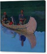 Evening On A Canadian Lake Two Men And A Dog In A Canoe Canvas Print