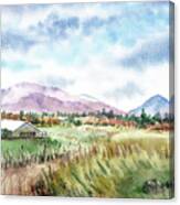 Farm Barn Mountains Road In The Field Watercolor Impressionism Canvas Print