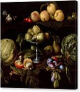 Figs On A Tazza With Pears  Quinces  Melons  Plums  Mushrooms On A Table  With Figs  Cherries  Peaches  And Acorns On A Ledge Above Canvas Print