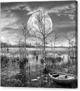 Floating Under The Full Moon In Black And White Canvas Print
