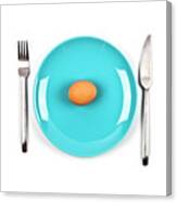 Fresh chicken boiled egg on blue plate, fork and knife on white Tote Bag