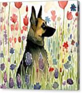 German Shepherd In Flower Field Canvas Print