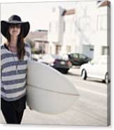 Girl In Black Hat Walking W/surfboard & Cell Phone Canvas Print