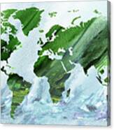 Green World Blue Ocean Watercolor Map Canvas Print