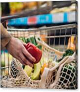 Grocery Shopping With Reusable Shopping Bag At Supermarket Canvas Print