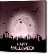 Halloween Landscape With Ghostly Figure And Haunted Cemetery Canvas Print