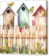Hand-drawn Watercolor Birdhouses On The Fence. An Illustration For Printing Design, Textile, Scrapbooking. Isolated On White. Canvas Print