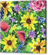Happy Impressionistic Flower Garden With  Yellow Pink Blue Flowers Canvas Print