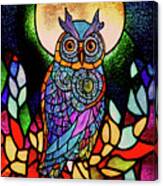 Hoot Owl And Full Moon - Stained Glass Canvas Print