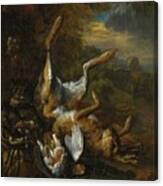 Hunting Still Life With A Cat, A Dead Hare And Songbirds In A Landscape. Canvas Print