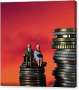 Income Tax Campaign Spain. Old Couple Sitting On Coin Stack.. Declaracion De La Renta. Macro Canvas Print