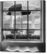 Island Umbrella Through The Porch Window Black And White Canvas Print