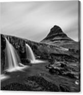 Kirkjufell Mountain And Kirkjufellsfoss Waterfall In Iceland In Black And White Canvas Print