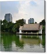Lake And House With Skyline At Lumphini Park Bangkok Thailand Canvas Print