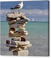 King Of The Cairn - Seagull Atop Cairn With Sailboat At Lake Michigan Shoreline At Milwaukee Canvas Print