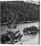 Lake Tahoe Waters And Fannette Island In Emerald Bay - Black And White Canvas Print