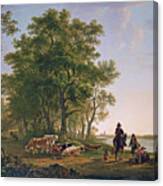 Landscape With Trees And Cattle, Dordrecht In The Background Canvas Print