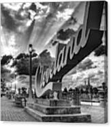 Light Rays Over The Cleveland Script Sign - Black And White Canvas Print