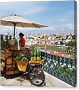 Lisbon Pineapple Stand With Bicycle And Umbrella Historical Downtown View Canvas Print